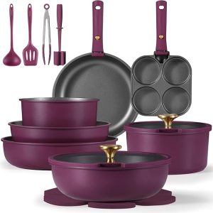 CAROTE 21pcs Pots and Pans Set, Nonstick Cookware Set Detachable Handle