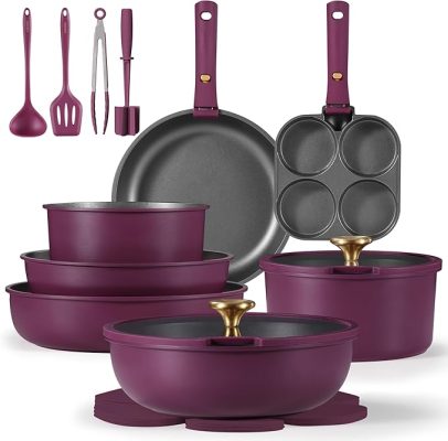 CAROTE 21pcs Pots and Pans Set, Nonstick Cookware Set Detachable Handle