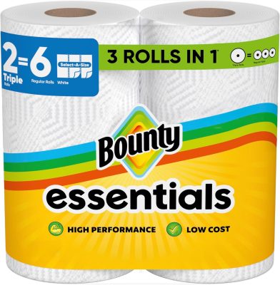 Bounty Essentials Select-A-Size Paper Towels, White, 2 Triple Rolls = 6 Regular Rolls